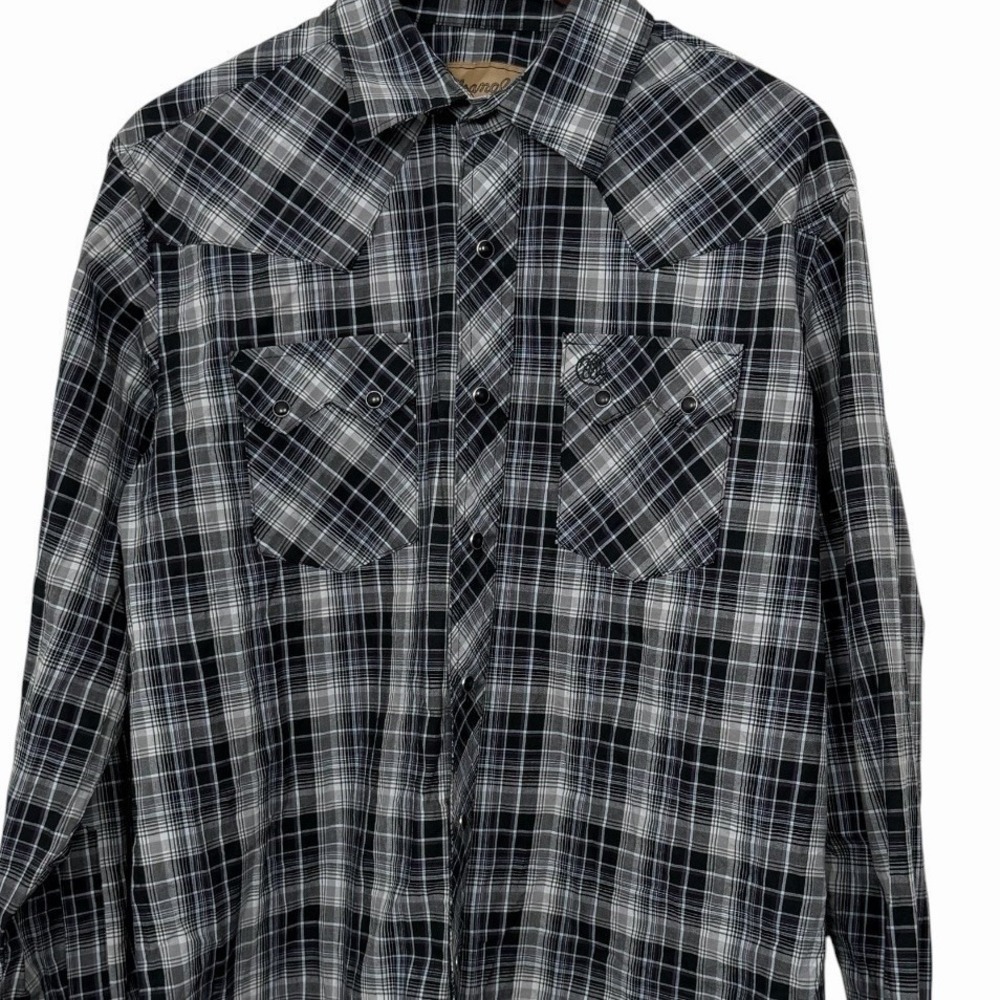 Wrangler Retro Western Shirt Mens Large Plaid Pearl Snap Gray Purple Long Sleeve